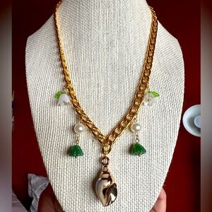 Gold Seashell and Jade Charms Necklace